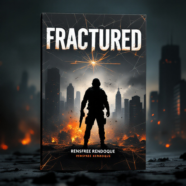 An intense scene of an urban city at dusk, with a darkened, smoky skyline. A lone, shadowed figure in tactical gear stands in the foreground, backlit by the fiery warmth of an explosion behind them. The figure’s stance exudes rage, holding a weapon that's slightly silhouetted. Angular shards of broken glass radiate out from the center, scattering across the design to symbolize "fractured." The black-gray background is softened with streaks of vibrant orange highlighting the chaos.