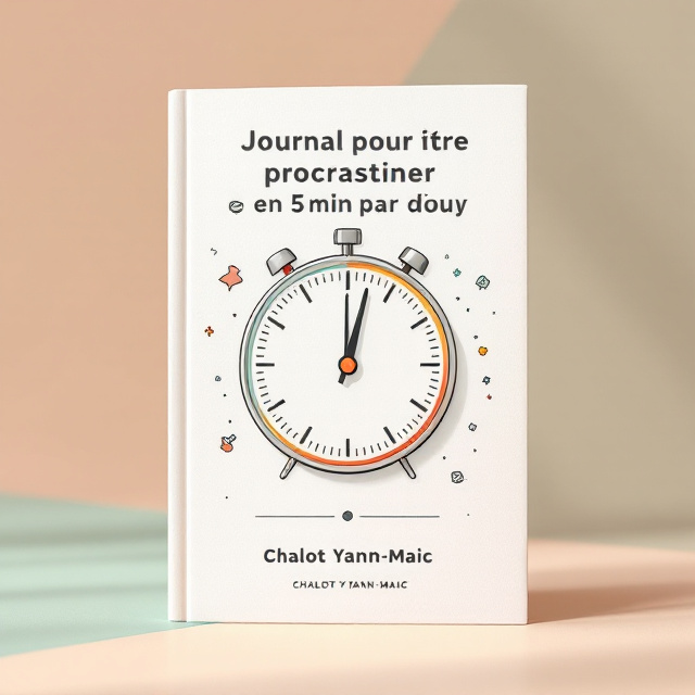 A vibrant chronometer sits at the center of the cover, its hands racing with motion lines to evoke a sense of urgency yet excitement. A subtle pattern of soft journal lines overlays the background for texture, blending into a warm off-white (blanc cassé), paired with pastel tones like light peach and mint green to evoke calm. Small icons representing tasks (checklists, a pen, a light bulb) hover playfully around the chronometer, giving it a lively and dynamic feel. Minimalist dotted borders frame the entire composition.