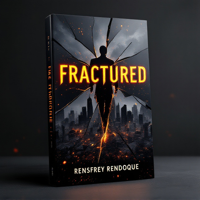 A silhouette of a fractured cityscape, split into jagged shards, dominates the foreground. The shards create a fragmented effect, with scenes of betrayal, vengeance, and action subtly visible within the splinters. The background features a deep black-to-gray gradient, with fiery orange highlights resembling glowing embers swirling around the edges, illuminating the shattered pieces.