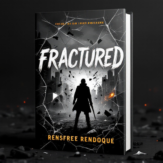 A rugged black and gray urban landscape with shattered glass effects spreading out like cracks across the cover, emphasizing the word "Fractured." In the foreground, a shadowy silhouette of a figure in mid-action is poised, holding a weapon, as debris and sparks fly around. The background is darker, with a faint orange glow of fire illuminating the sky, giving it an intense, chaotic feel.