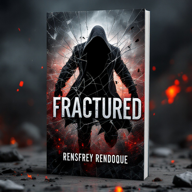 A shattered glass effect dominates the cover, creating the impression that the glass is breaking outward from the center. Behind the shards of glass, a shadowy figure in motion with a determined, almost wrathful expression emerges through a stormy, action-packed backdrop. Flames and debris subtly scatter across the lower portion of the cover, adding chaos and energy to the design. The color palette primarily consists of deep reds, metallic silvers, and stark blacks, emphasizing action and anger.
