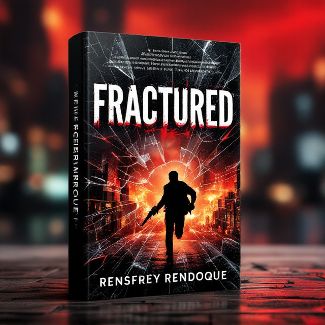 A shattered piece of glass dominates the foreground, with cracks radiating outwards, symbolizing the "fracture." In the background, a blurred urban cityscape on fire sets an intense scene. A silhouette of a running figure holding a weapon is mid-action, adding to the adrenaline. The sky above transitions from deep red to black, conveying urgency and danger.