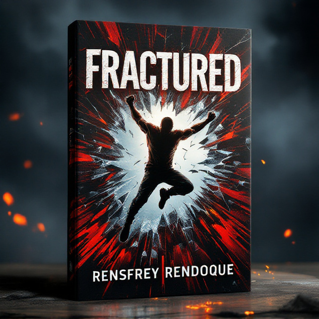 A rugged figure, mid-jump, breaking through a shattered glass effect in the center of the cover, surrounded by dynamic red and black angular streaks to signify destruction and intensity. The background is a mix of dark storm clouds and fiery embers, underscoring the chaos and action. A glowing spotlight subtly frames the figure, drawing attention to their movement and clenched fists.