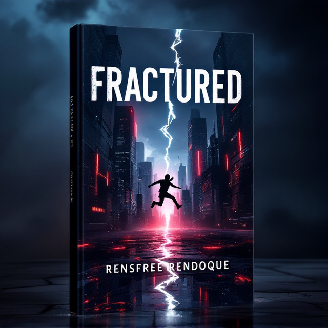 standing book mockup, Its title is "Fractured ". Its author name is Rensfree Rendoque .  A fractured city skyline at night serves as a haunting backdrop, with jagged cracks splitting through the center of the image to represent tension and turmoil. A shadowy figure appears mid-action, leaping between two chaotic structures with urgency. The scene is cast in shades of deep blue, black, and stark red ribbons of light, suggesting danger and heartbreak. A subtle storm cloud looms in the sky, adding to the foreboding tone, with small reflective puddles at the bottom suggesting sadness. Bold sans-serif font for "Fractured," fractured in appearance to emphasize the meaning of the title. The author's name, "Rensfree Rendoque," is in a sleek but slightly eroded serif typeface, placed elegantly at the bottom of the cover in white with a slight glow to ensure visibility against the dark background., The title is placed prominently in the upper-center of the cover, overlaying the cracked cityscape. The shadowy figure is positioned just below the title to actively draw the viewer's eye. The author’s name sits aligned at the bottom. The fractured cracks intersect the cover diagonally, cutting across the background imagery and lending a sense of instability and action.