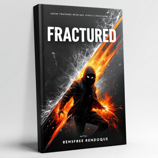 A split diagonal design dominates the cover. The top section is a shattered black-tinged gray background resembling broken glass, which conveys the title's essence, “Fractured.” In the lower section, a silhouette of a masked figure in dynamic motion leaps forward, surrounded by fiery orange and vibrant red streaks that look like explosions or bursts of energy. The background seamlessly transitions from dark gray to smoky black, enhancing the tension. Subtle sparks and embers float around the figure to amplify intensity.