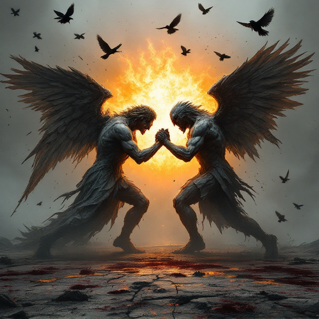 A shadowy, barren battleground stretches across the cover, with an ominous orange fog glowing faintly behind two ancient, cracked statues wrestling in a violent stance. The statues, one angelic and the other grotesque and demonic, have jagged injuries and horrifying, lifelike detail. Black crows fly overhead, their sharp silhouettes cutting through the gray sky. In the foreground, splattered dark-orange blood drips down into the text area. The bottom contains subtle, claw-like markings etched into the ground.