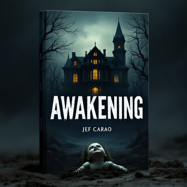 A haunting, dilapidated mansion set against a dark foggy forest backdrop dominates the cover. The mansion's windows are faintly glowing with a sickly yellow light, suggesting unknown horrors within. The sky above the forest is jagged and stormy, with silhouettes of leafless branches clawing toward it. At the center bottom, a half-buried broken doll lies amidst muddy soil, its cracked porcelain face twisted in anguish and partially obscured by shadows.