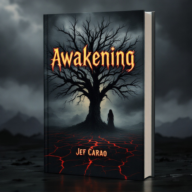 The cover features a sinister, dead, leafless tree at the center of a desolate landscape, standing under an ominous, cloudy, grayish-orange sky. Shadows twist and ripple outward from the tree. A single, ghostly figure of a crying woman with hollowed eyes is positioned in the lower-right corner of the cover, partially obscured by mist. Blood-red cracks subtly cut through the black ground.