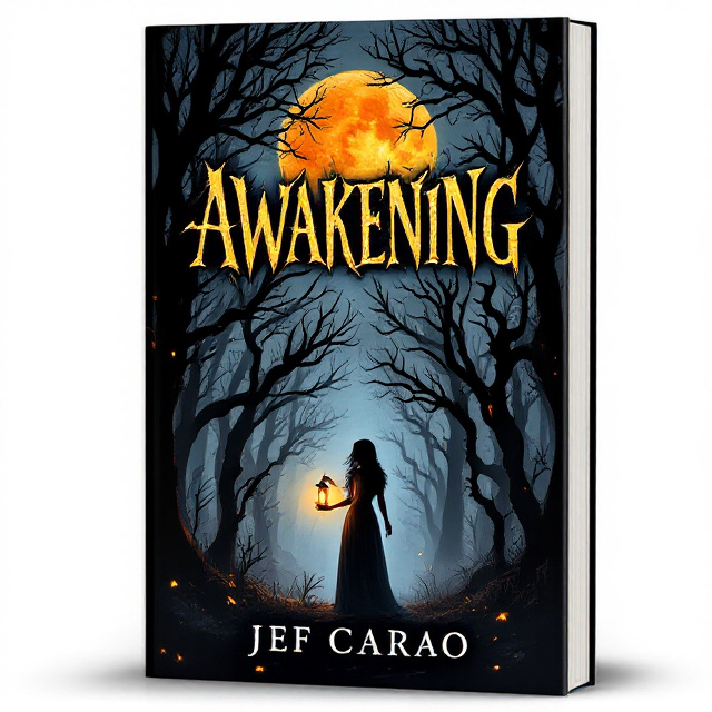 A black and gray mist-filled forest as the background, with skeletal trees whose branches form human-like figures reaching out. An eerie orange full moon, slightly obscured, glows at the top-center. In front, the silhouette of a woman, with her head slightly bowed, holding a lantern casting a dim orange light. The shadows from the trees appear as twisted tendrils reaching for her feet.
