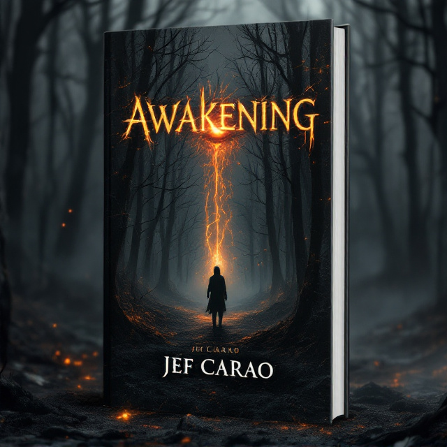 The cover features a shadowy, desolate forest, with dead trees stretching toward the sky. Creeping fog blankets the ground, and faint silhouettes of ghostly figures emerge through the mist, creating an eerie and oppressive atmosphere. A single burning orange eye peers through the darkness from the center of the cover, symbolizing both menace and awakening. Splashes of dark orange and gray add contrast to the black background, emphasizing a sense of decay and foreboding.