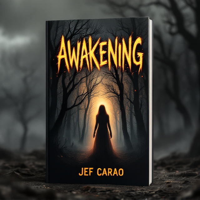 A dark, desolate forest fills the background of the cover, with twisted, bare trees stretching toward an ominous sky. At the center, a ghostly, faintly glowing figure of a woman emerges from the forest, her face obscured but her posture exuding sadness and anger. An orange glow appears faintly behind her, spreading like wildfire cracks through the black and gray tones. Wisps of fog and faint silhouettes of disturbing shapes linger, adding layers of mystery.