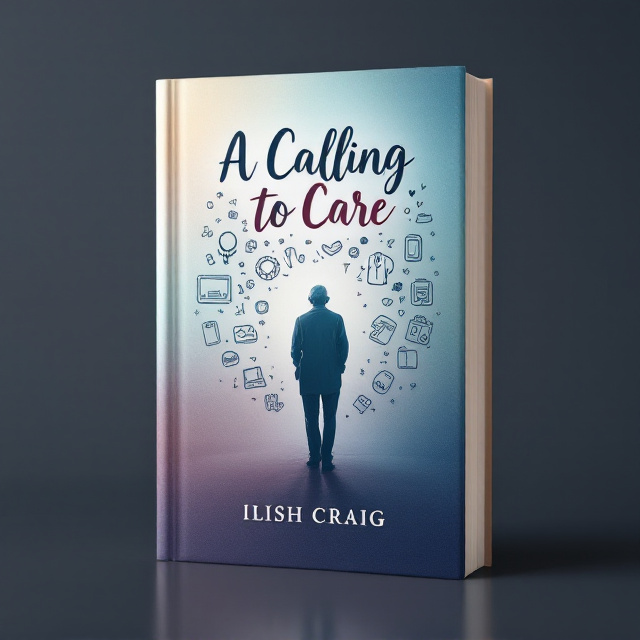 A pastel-to-dark gradient background dominates the cover, transitioning smoothly to visually represent the emotional journey of the book. Centered in the composition is a silhouette of an elderly figure standing resiliently, surrounded by faint, sketch-style medical doodles such as a stethoscope, lab coat, gloves, wheelchair, running shoes, and sanitizer. The doodles form a circular pattern around the elderly figure, symbolizing both care and struggle. The cover is enriched with subtle, symbolic detailing, like faint heartbeat lines flowing horizontally across the gradient to unify the design.