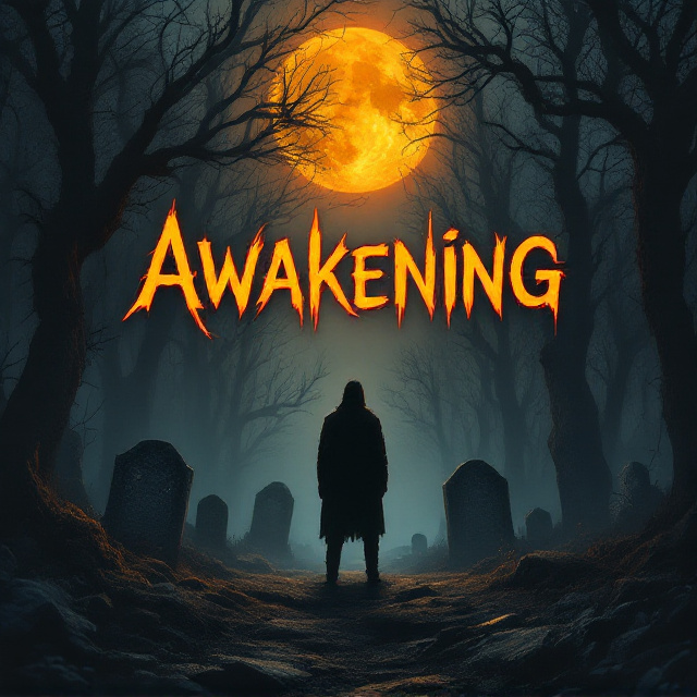 A dark, eerie forest with twisted trees looming in the background under a dim orange moon. In the foreground, a lone figure in silhouette is standing, seemingly consumed in sorrow with shadowy, translucent faces screaming out of the mist that surrounds the figure. The forest floor is scattered with broken, weathered gravestones with faint carvings barely visible.