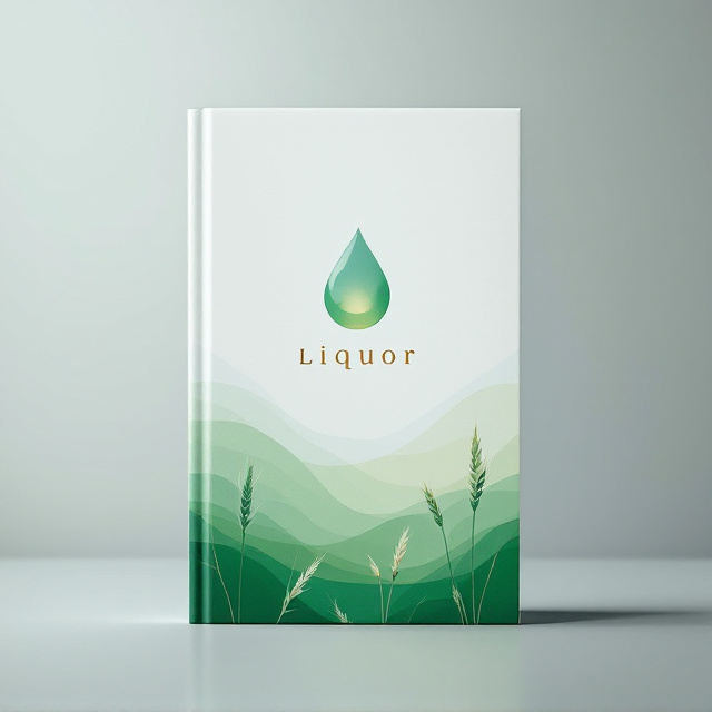 The cover features a gradient split. The top portion gradually fades from a calming blue to a middle portion of white space, seamlessly transitioning into the green bottom. At the center, an abstract droplet design—symbolic of liquor's softness—captures attention. Fine, translucent brushstrokes ripple outward from the droplet, implying the smooth and flowing texture of alcohol. Subtle silhouettes of grain stalks (a nod to the process of fermentation) emerge from the green space, grounding the image.