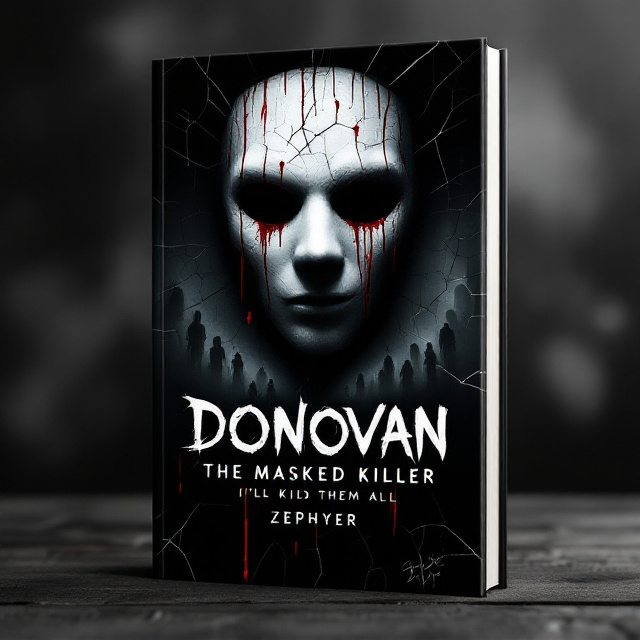 The cover showcases a black background shaded with faint textures of smoky gray. The centerpiece is a haunting mask, half-submerged in shadows with streaks of blood dripping from its edges. Surrounding the mask, faint silhouettes of figures symbolize victims, appearing ghostly and fading at the edges to imply their fragile existence. Cracks run behind the mask, resembling both shattered glass and mental instability, underlining the theme of fractured psyche. At the bottom, faint streaks of red add a hint of ghore, while a blurry handwritten phrase, "I'll kill them all," echoes faintly in the background.