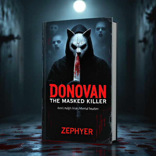 A dark, gritty background featuring a blood-splattered floor under the faint glow of a single, flickering lightbulb. The focal point is a shadowy figure wearing a cracked and ominous white cat mask. His silhouette is partially obscured, with claw-like hands holding a large bloodied knife dripping red onto the floor. Faint transparent faces surround the mask, distorted expressions of anguish and terror suggesting mental health struggles. The cover edges are textured, creating a torn-paper effect that matches the eerie mood.