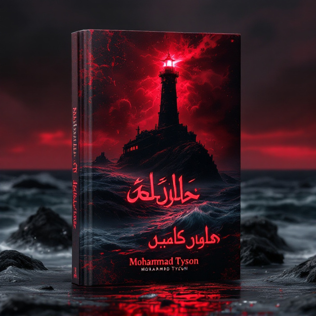 A haunting ocean landscape stretches across the background, predominantly black with dark red undertones, featuring an abandoned shipwreck resting against jagged rocks. A menacing lighthouse towers over the scene with streaks of eerie light beaming out in blood-red tones, piercing through a dense fog. Transparent wraith-like ghosts rise from the ocean waves, their forms blending seamlessly into the mist. Splashes of blood mar the edges of the lighthouse and shipwreck, dripping toward the base of the design, while the lighthouse light creates a focal point at the top, drawing the viewer's gaze.