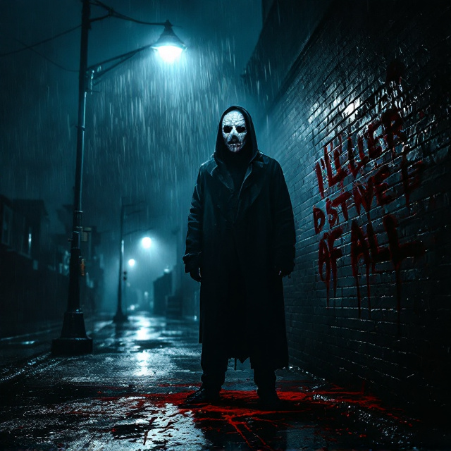 A dark, desolate street drenched in rain fills the background, illuminated only by a flickering streetlight. Standing under the dim light is a shadowy figure, Donovan, partially obscured by a blood-smeared, cracked porcelain mask. The mask looks menacing, with hollow eyes and a jagged mouth, while blood drips onto the ground. The words "I'll kill them all" are barely visible in scrawled, fading red graffiti along the brick wall in the background. Shadows twist unnaturally, creating an eerie and disorienting effect.