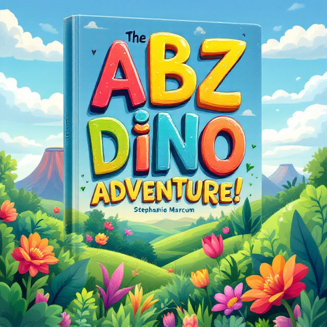 The cover is a vibrant and inviting scene filled with playful cartoon imagery. The top half features a bright blue sky with fluffy, cotton candy-like clouds lazily drifting across. In the distant background, subtle silhouettes of volcanoes stand, painted in gentle volcanic tones that harmonize with the sky. The foreground bursts with lush greenery; dense foliage, rolling grassy hills, and cartoonish textured bushes. Oversized, colorful flowers punctuate the landscape, adding a whimsical touch.