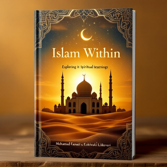 A serene and majestic mosque silhouette stands on the horizon during a golden desert sunset. Above the mosque, intricate Islamic geometric patterns seamlessly blend into the fading sky. A subtle overlay of ancient manuscript textures in the background deepens the historic and spiritual ambiance. A crescent moon and stars punctuate the upper center of the design, symbolizing spirituality. Soft glowing light emanates from behind the mosque. The overall color palette features gold, deep blue, and earthy tones, capturing a sense of warmth, history, and spirituality.