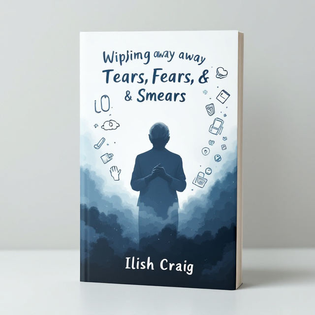 A serene pastel background transitions to a darker, stormy gradient on the lower half of the cover, symbolizing the emotional journey of the narrative. At the center stands the silhouette of an elderly figure, hands clasped as if in quiet determination. Surrounding the silhouette are subtle outlines and doodles of medical items such as a stethoscope, gloves, wheelchair, and prescription pad, arranged in a circular, orbit-like pattern to create a sense of motion and continuity. The background itself includes faint wisps of clouds and shadowy impressions, suggesting memories and hardship. The overall atmosphere is intimate, emotional, and symbolic.