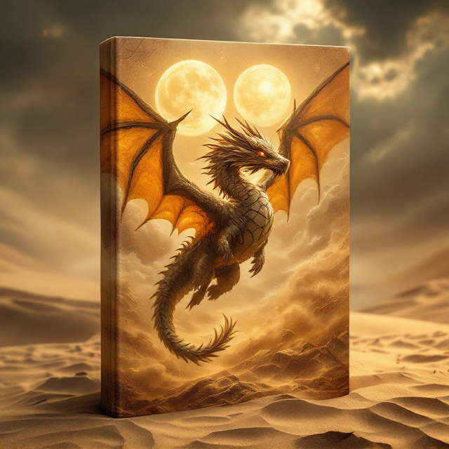 The cover portrays the sand-coloured desert dragon flying in the foreground at the center of the frame. Its outstretched wings catch golden rays from the setting twin suns behind it, with majestic light and shadow playing across the wings’ textured surface. The tail, coiled slightly like a horned viper, seems alive, drawing attention to its sinister, piercing eyes. In the mid-ground, against the shimmering dune waves, the floating stone dragon hovers ominously. Its disjointed stone fragments subtly rotate around its glowing golden core. The golden eyes of the floating dragon burn with intensity as it gazes at the sand dragon. In the background, a tempest brews with dark clouds framing the twin moons, which radiate a pale yet eerie glow. The hot desert air shimmers above the dunes, blending the sandy tones of the landscape with the muted greys of the storm clouds.