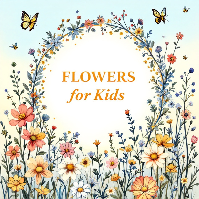 A background filled with a meadow of intricately drawn wildflowers in a variety of shapes and sizes. The flowers are outlined in soft black to allow for coloring, with a light pastel gradient of sky blue blending into soft yellow as the background. The central focus is a circle-shaped frame with subtle floral patterns inside, housing the book title. Small butterflies and bees are scattered in the background to enhance the nature-inspired theme.