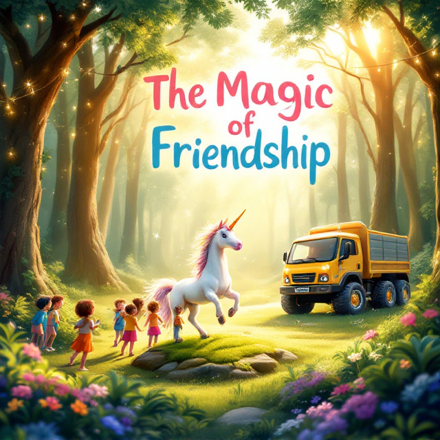 An enchanting forest scene with a radiant, glowing aura. In the center, a magical unicorn prances on a patch of green moss surrounded by 18 joyful children in bright, colorful clothing. To the side, a larger-than-life, friendly truck with sparkling wheels sits under a tree with fairy lights strung across its branches. The background features tall, whimsical trees stretching upwards with soft golden sunlight filtering through.