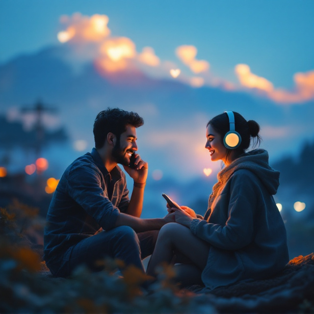 A vivid Nepali rural village scene in the background, with a young Nepali man sitting on a rooftop, holding his mobile phone to his ear with a joyful expression. On the other side of the composition, faded into the background, is a glowing silhouette of a young woman with headphones on, smiling, representing the girlfriend in a faraway foreign land. The blue sky serves as a unifying element, with subtle heart-shaped clouds scattered across.