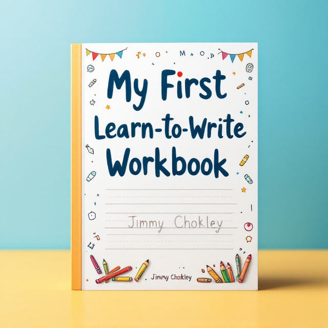 A colorful and cheerful design featuring a large, open composition workbook as the central graphic element, surrounded by doodle-style icons such as pencils, erasers, crayons, stars, and letters of the alphabet. The background is a soft gradient of blue and yellow, evoking a classroom environment. At the top, there is a banner with primary colors (red, blue, yellow) adding a sense of playfulness, while the overall structure maintains a professional and reliable tone.
