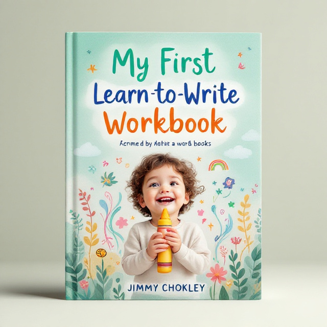 A soft pastel-colored background featuring an abstract, watercolor-style nature scene with floating leaves, flowers, and swirled clouds in shades of soft green, blue, and yellow. Centered is an illustration of a smiling child holding a colorful crayon, with whimsical doodles (like rainbows, alphabets, stars, and trails of colors) springing from the crayon.