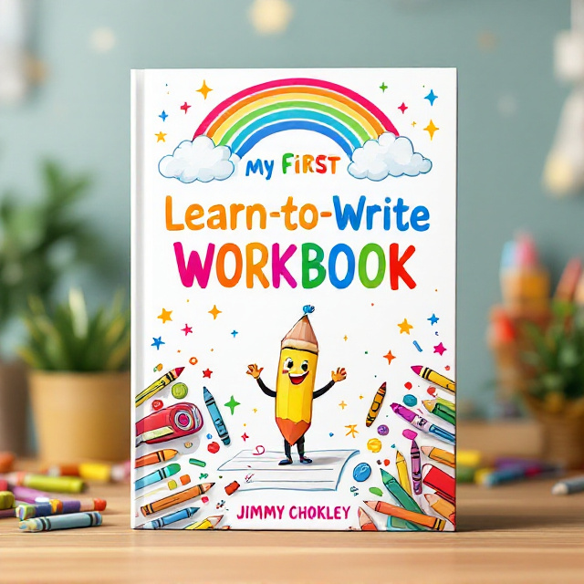 The cover features an illustration of colorful crayons, pencils, and markers scattered creatively on a light, pastel-colored background. In the center is a cheerful animated character (possibly a friendly pencil or a book mascot) guiding a child through playful writing. The top of the cover has a doodled rainbow and sparkles to evoke a sense of fun and adventure.