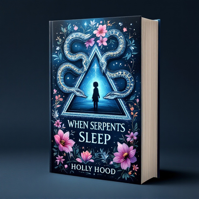 A stylized serpent design forms a coiled triangle at the center of the cover. Three distinct snakes with intricate details (one with scales appearing sharp and intimidating, one smooth and flowing like silk, and one with faint glowing patterns resembling a tribal tattoo) subtly represent the three main characters. The center negative space within the triangle reveals the silhouette of a small, innocent child, symbolizing Ruby. Encircling the central design is a combination of flowers in shades of pale pink and violet, their delicate textures in sharp contrast to the serpents’ intensity. A deep, ominous blue gradient forms the background, starting dark at the edges and softening as it approaches the center. Transparent tattoo sketches of serpents and flowers scatter subtly in the background to create layers of detail.