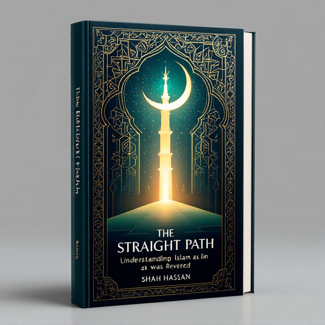 The cover showcases an elegant crescent moon and a minaret silhouette with intricate Islamic geometric patterns seamlessly blended into the background. These patterns stretch across the upper section of the cover in a gradient from a rich sapphire blue to deep emerald green. A glowing, radiant path starts from the bottom of the cover, symbolizing "The Straight Path," and leads upward, fading into the geometric motifs. The title is positioned centrally, standing out against the glowing path. Subtle accents of gold outline the crescent moon and the minaret, adding a regal and timeless feel.
