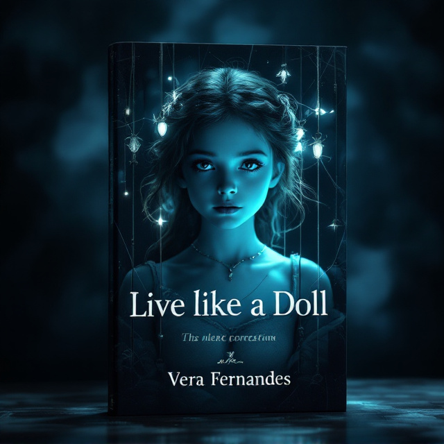 The cover features a delicately rendered young girl at the center who resembles a lifelike doll. Her porcelain-like features are highlighted with soft luminous blue lighting, making her expressive eyes the focal point. Surrounding her are intricate puppet strings attached to her wrists, shoulders, and head, fading into darkness at the edges. The backdrop is an ominous mix of deep black and shades of midnight blue with whirls of haze that add to the mysterious atmosphere. A faint shadow of a murky theater stage looms in the background to hint at a marionette's performance.