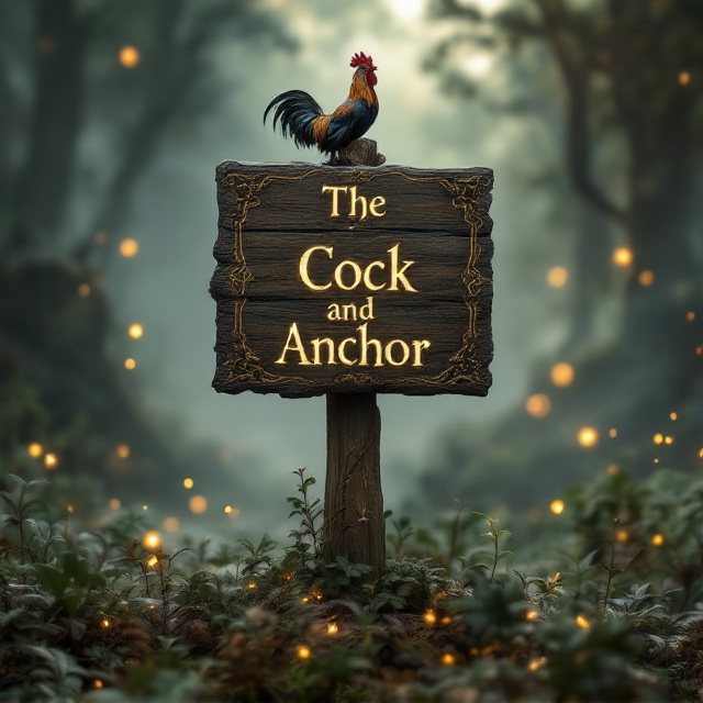 The cover features a dramatic scene of a medieval-style wooden signpost adorned with an intricately carved anchor and a rooster perched atop it. The background is an ethereal fantasy landscape with mystical fog rolling over dense, enchanted woods. Subtle glowing lights from magical fireflies dance in the background. The title is integrated into the wooden signpost as if carved directly into it, while the author's name appears elegantly in the bottom right corner, slightly translucent to complement the mystical atmosphere. The palette includes deep forest greens, golden glows, and muted browns, creating a grounded yet magical vibe.