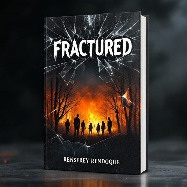 A fractured, shattered glass design dominates the foreground, with jagged shards reflecting distressed images of a shadowy forest, flickering firelight, and indistinct silhouettes of people in peril. The background transitions from deep black at the top to fiery orange at the bottom, symbolizing destruction and chaos. A smoky gray mist rises, adding a textured atmosphere.