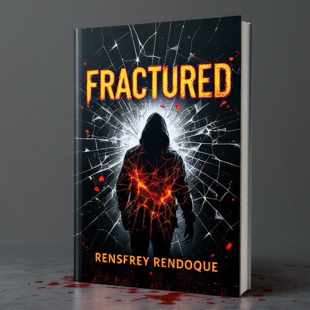 A shattered glass pattern dominates the black and gray background, with jagged shards spreading outward across the cover, symbolizing a fractured reality. In the center, silhouetted in fierce orange-red highlights, is the shadowy figure of a person in motion, suggesting action and urgent suspense. Light smoke and faint blood splatters subtly blend into the background, adding depth and intrigue.
