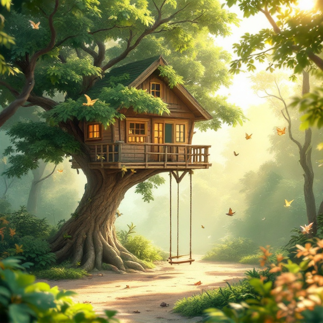 A serene forest clearing bathed in soft golden sunlight. The centerpiece is a sturdy, freshly built treehouse nestled among lush green foliage, accompanied by a quaint wooden swing hanging from one of the trees. In the foreground, a sample word search puzzle is subtly integrated into the soft, earthen ground, with highlighted nature-themed words such as "forest," "breeze," and "wildlife." Birds and butterflies flutter around, adding vibrancy.