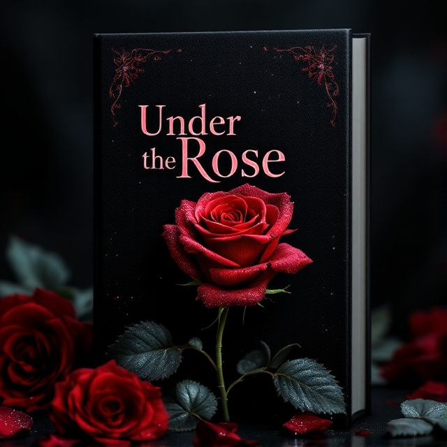 A close-up view of dewy red roses glistening against a black, shadowy background. The petals and leaves appear slightly misty, as though they are veiled in secrecy. The light source emphasizes the dew and soft textures, creating a romantic, mysterious mood.