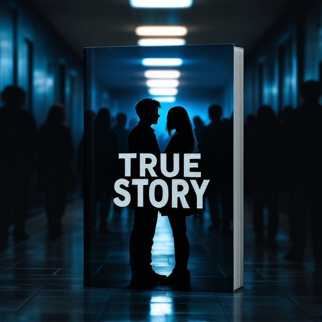 A dark, moody background in noir tones with subtle gradients of blue. The backdrop showcases a dimly lit school corridor, fading into shadow. Silhouettes of several students in school uniforms are standing with their backs turned toward the viewer, exuding an air of mystery. In the center, slightly in focus, two characters – a girl and a boy – are facing partially toward the reader. Their expressions are ambiguous, both suspicious and intense. The lighting casts long shadows across the floor, creating a dramatic contrast and hinting at secrets.
