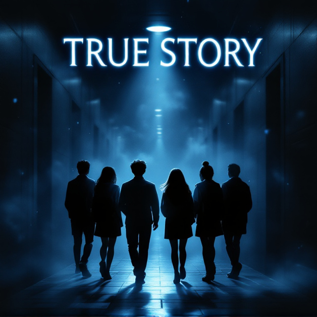 Dark noir background with streaks of ethereal blue mist. A group of six students in school uniforms is illustrated from behind, walking down a dimly lit hallway. In the center, a boy and a girl slightly turn their heads around, revealing anxious expressions. The girl clutches a notebook tightly, while the boy holds a pencil as if prepared to write. Shadows from the hallway's overhead lighting create a dramatic, mysterious effect.