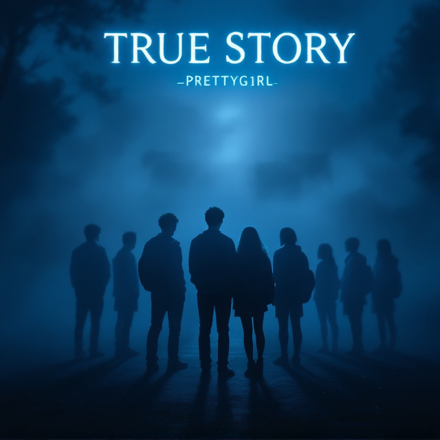 The background is a moody, dark navy blue with subtle textures resembling clouds of fog, fading into noir undertones. Silhouettes of several teenagers in school uniforms stand close together, slightly blurred to create a sense of anonymity. At the center of the group, a boy and a girl are turning slightly to face the viewer, their expressions obscured. The scene is illuminated by a single, dim light source coming from the top, casting long shadows. A faint outline of a school building appears in the far background, barely visible through the fog.