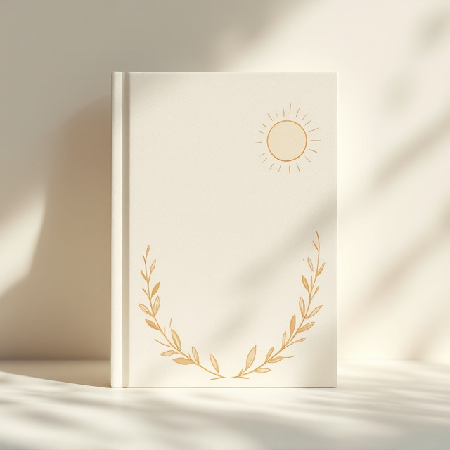 A serene depiction of a soft bony milky white background with smooth, subtle gradients lending depth. A tranquil image of a soft, hand-drawn sun rising in the top-right corner, with thin strands of golden rays fading gently into the background. In the center, a minimalist illustration of a small open journal is placed, with delicate leaf motifs encircling it to create a harmonious balance.