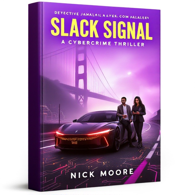The cover illustrates a foggy Golden Gate Bridge submerged in a mysterious purple haze tint (#4B0082 to #800080), symbolizing intrigue under technological influence. In the foreground, a sleek driverless car with glitching red dashboard lights and piercing gold headlights (#FFD700) is swerving dangerously off a Silicon Valley road. Circuit board overlays subtly etched across the car emphasize the tech-driven storyline. Detective Jamal Carter, an African American man in a rumpled jacket, leans against the car with a confident, carefree grin, while Nia Jackson, an African American woman in a sharp blazer, stands beside him clutching a tablet displaying cryptic signals. Their expressions signify defiance amid chaos. The bold gold title “Slack Signal” dominates the top, with “A Cybercrime Thriller” in smaller white text beneath it. The author's name, “Nick Moore,” is displayed at the bottom in gold, anchored by a striking red border and glowing white outline.