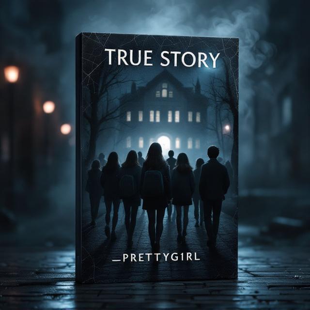 A dark, moody background with deep shades of black and blue, resembling a stormy, ominous night sky. Several students in school uniforms are depicted from behind, walking on a shadowy cobblestone pathway leading to a mysterious, half-lit school building in the background. The group is largely indistinct, but a girl and a boy stand out by slightly turning their heads to look directly at the viewer, their faces half in shadow, hinting at secrets and suspense. The metallic title "TRUE STORY" is boldly placed at the top, reflecting like polished steel. Subtle smoke or mist swirls in the air to heighten the sense of intrigue.