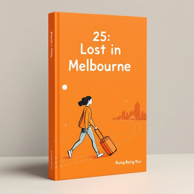 A minimalist illustration of a young woman, drawn in playful yet clean lines, is situated on the left side of the cover. She is depicted in mid-step, dragging a moderately sized suitcase behind her. The suitcase trails faint dotted lines, symbolizing a journey or wandering. The background is a bright yet soft orange, with distant abstract shapes faintly resembling cityscapes to suggest Melbourne.