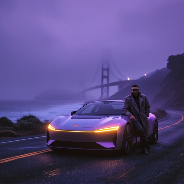 The cover features a dusky 2025 San Francisco skyline, vividly dominated by the shadowy silhouette of the Golden Gate Bridge looming through a layered, foggy gradient of rich purples (#4B0082 to #800080). The coastal road in the foreground curves slightly, leading the viewer's eye to a sleek, autonomous car parked at the edge—with glowing gold headlights (#FFD700) cutting through the dense mist. Subtle, fractal-like purple circuit patterns blend into the car’s metallic body, evoking technological intrigue. Detective Jamal Carter is nonchalantly leaning on the car’s hood, framed perfectly against the misty backdrop. His trench coat slightly ripples in the coastal breeze, and his confident, rebellious grin is accented under his dark shades. The dashboard inside the car glows ominously with a glitching red signal, hinting at dangerous stakes.