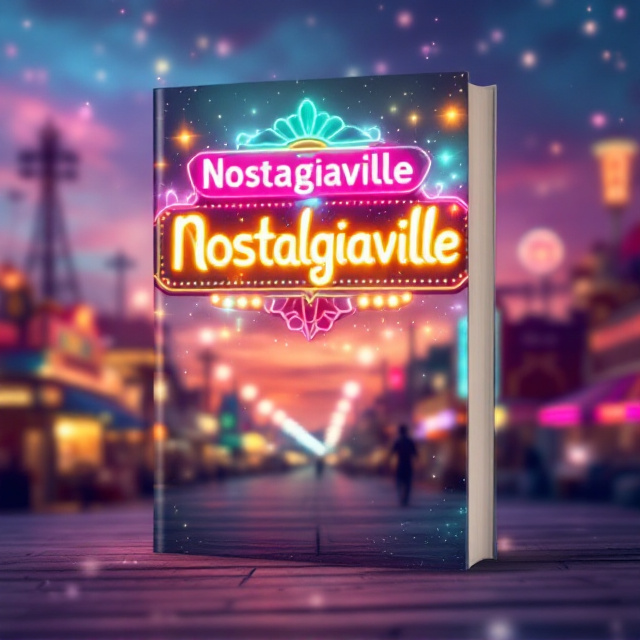 A radiant, neon-inspired sign that says “Nostalgiaville” prominently displayed against a twilight sky. The sign is surrounded by ethereal glowing lights and swirling magical particles. In the distance, blurred outlines of faded carnival structures and vintage storefronts create a dreamy, surreal atmosphere. The color palette includes shades of bright pink, turquoise, and golden yellow, blending into soft purples and blues for emotional depth.