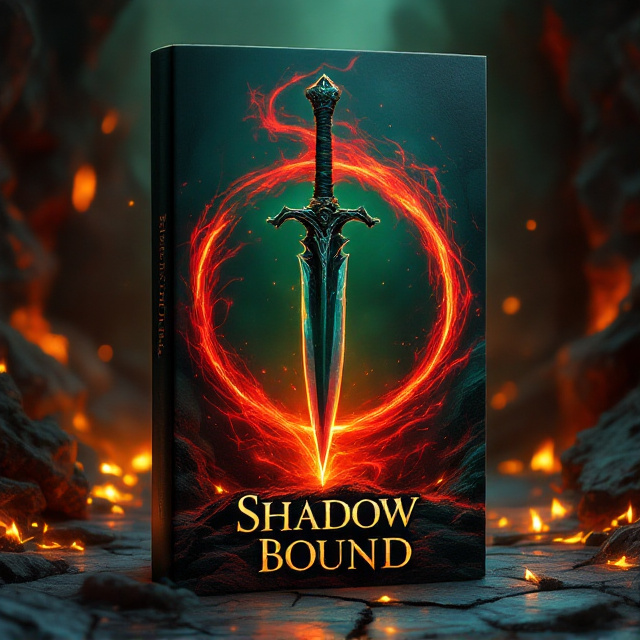 A sharp, obsidian-black dagger surrounded by swirling red and dark green magic energy, suspended in mid-air against a backdrop of a crumbling stone floor lit by smoldering embers. Yellow light emanates from cracks in the ground, intensifying the eerie atmosphere. The edges of the composition are veiled in shadows, giving the design a mysterious, foreboding appearance.